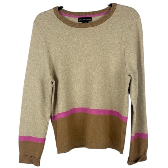 Cynthia Rowley Modern Classic Cozy Cream Camel Brown and Pink Crew Neck Sweater - Picture 1 of 8